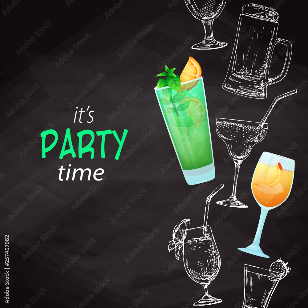 Background with different cocktails. Drawing chalk on a blackboard. Caption: it's party time. Place on your text. Vector - obrazy, fototapety, plakaty 