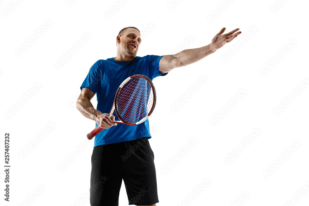 Shot going wide. Stressed tennis player arguing with umpire, referee, linesman or service judge at court. Human emotions, defeat, crash, failure, loss concept. Athlete isolated on white Shot going wide. Stressed tennis player arguing with umpire, referee, linesman or service judge at court. Human emotions, defeat, crash, failure, loss concept. Athlete isolated on white