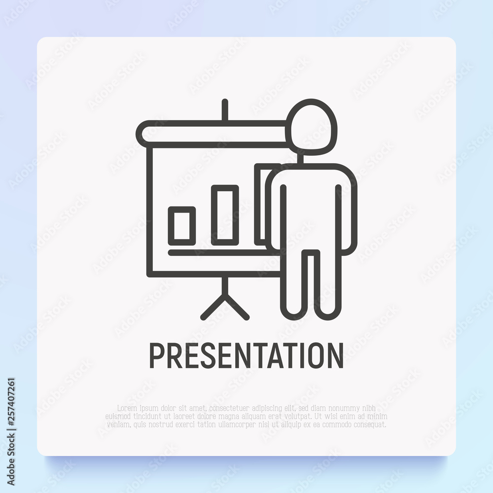 Presentation thin line icon, board with graph growth. Modern vector illustration of conference, lecture, meeting. Presentation thin line icon, board with graph growth. Modern vector illustration of conference, lecture, meeting.