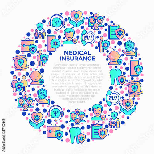 Medical insurance concept in circle thin line icons: policy, life insurance, psychological support, maternity program, 24/7 support, mobile app, telemedicine. Vector illustration for print media.