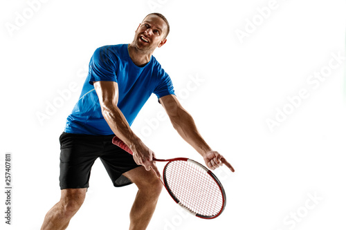 Shot going wide. Stressed tennis player arguing with umpire, referee, linesman or service judge at court. Human emotions, defeat, crash, failure, loss concept. Athlete isolated on white