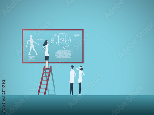 Woman scientist or professor and team discussing artificial intelligence concept. Symbol of woman achievement, new, technology, knowledge and scientific research.