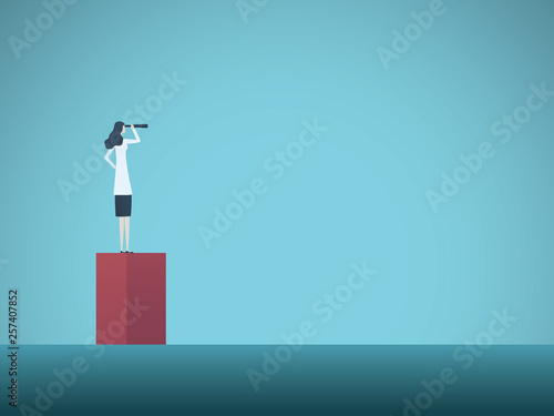 Scientist woman looking beyond horizon vector concept. Symbol of achievement, motivation, ambition, aspirations and career opportunities.