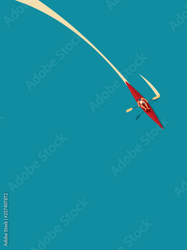 Man in canoe or kayak paddling in water, summer holiday vector concept. Symbol of recreation, sport, outdoor active healthy lifestyle, adventure vacation.