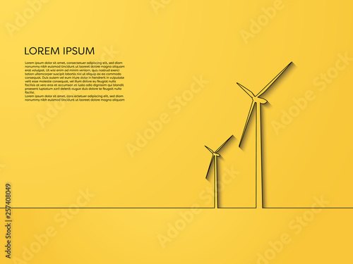 Wind turbine vector concept, line art on yellow background. Symbol of renewable power, alternative sources, new, clean technology.
