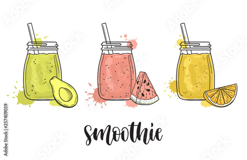 Set of smoothie jars with avocado, watermelon and orange. Colorful vector illustration with paint splashes