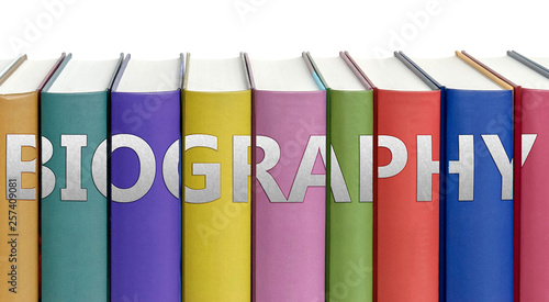 Biography and books in a library - ideas of studying, learning and reading pictured as colorful books on white background with english word as a title, 3d illustration
