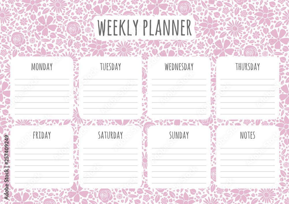 Weekly planner design with background with hand drawn flowers. Vector