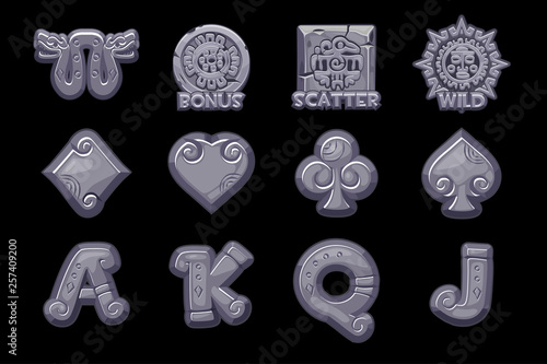 Cartoon MAYA Slots stone icons. Ancient Mexican mythology Vector symbols. American aztec, mayan culture native totem. Game casino, slot, UI.