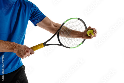 Stressed tennis player throwing and breaking a racket in anger and rage at court. Human emotions, defeat, crash, failure, loss concept. Athlete isolated on white © master1305