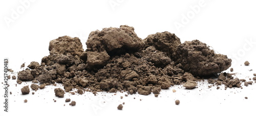 Dirt, soil with chunks isolated on white background photo