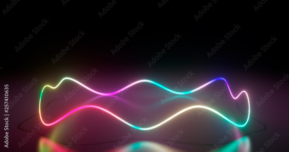 3d rendering. Neon curves in the form of geometric shapes on a black background with reflection on the floor. Bright scene 3d rendering. Neon curves in the form of geometric shapes on a black background with reflection on the floor. Bright scene