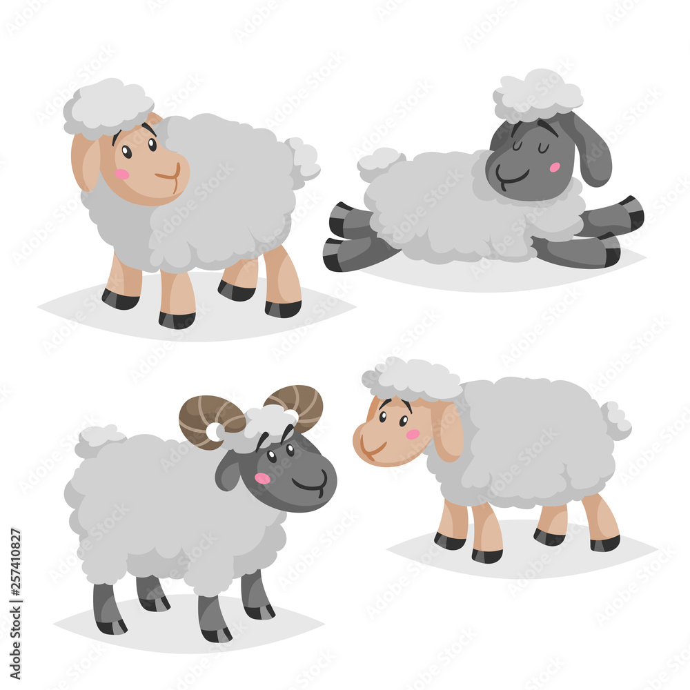 Obraz premium Cute sheeps and rams in various poses. Cartoon style farm animals. Slleeping and standing animals. Best for kid education. Vector illustration isolated on white background.