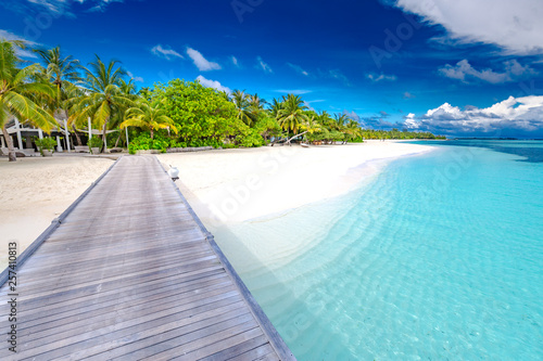 Beautiful Maldives beach, wooden jetty. Tropical landscape background, palm trees, white sand, blue sea and soft waves. Tranquil summer travel destination. Perfect beach vacation and holiday banner 
