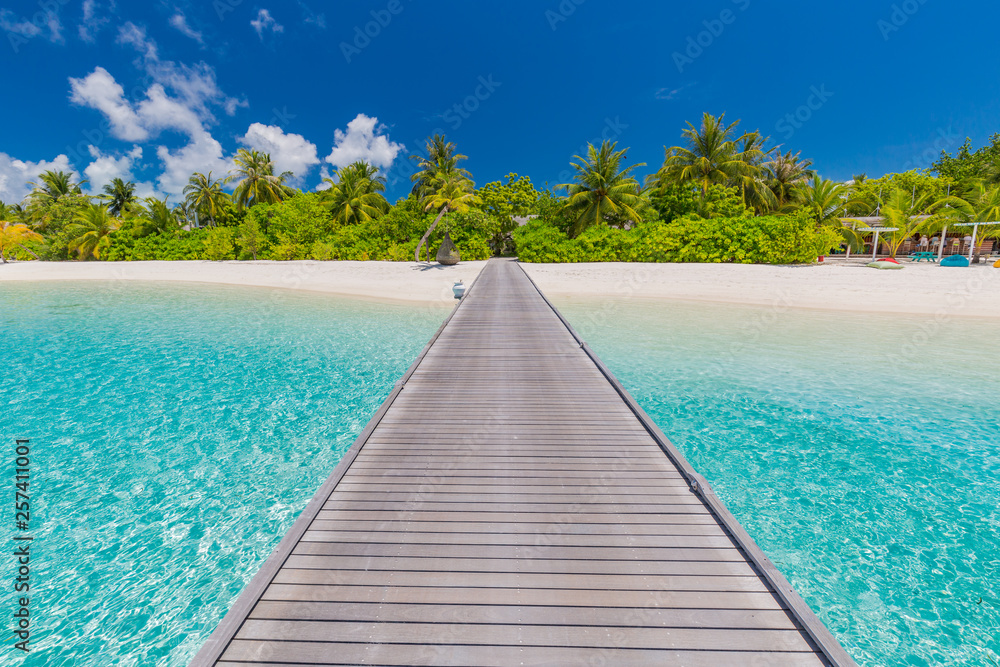 Wooden pier and exotic bungalow on the background of a sandy beach with tall palm trees, Maldives