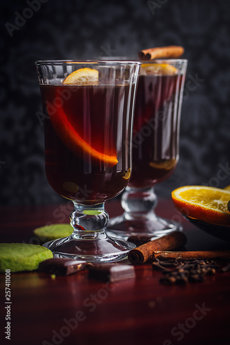 Mulled Wine with pistachio cookies, orange and dark chocolate