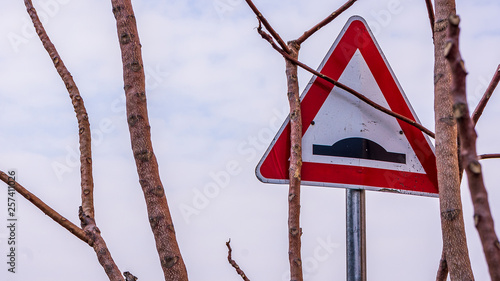 Obraz na plátne Ahead, danger, traffic sign, uneven, uneven road, warning, warning sign icon  road sign showing unevenness on the road between trees
