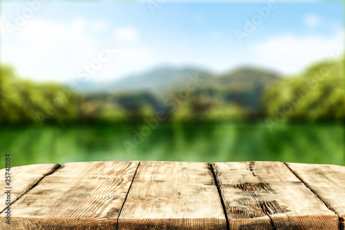 Desk of free space for your decoration and spring blurred background 