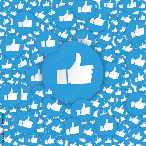 Blue hand likes signs background. Social Network emoticons illustration vector.
