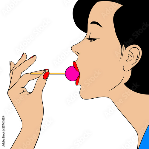 Woman sucking round pink lollipop in her hand