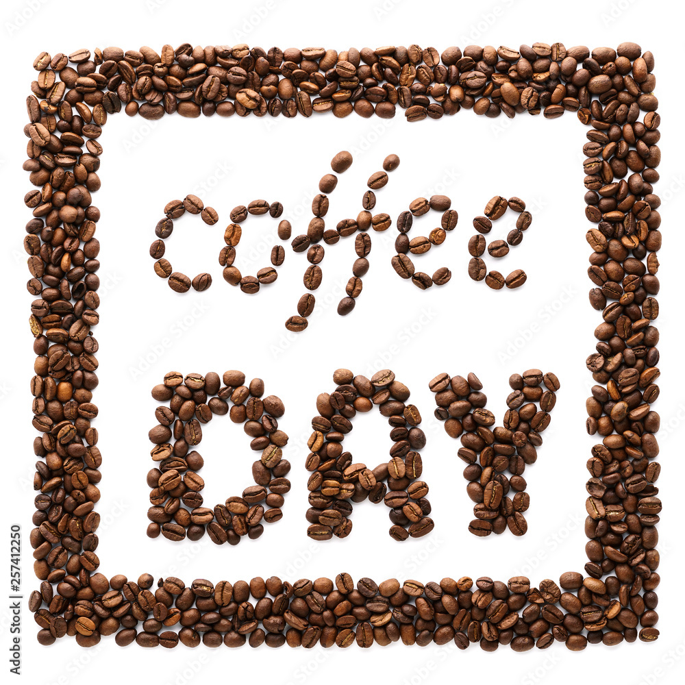 Phrase Coffee Day and frame made of roasted coffee beans. Phrase Coffee Day and frame made of roasted coffee beans.