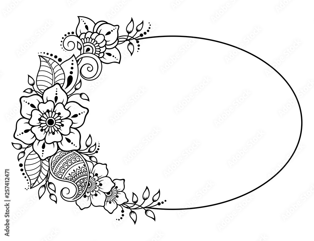 Stylized with henna tattoos decorative pattern for decorating covers for book, notebook, casket, magazine, postcard and folder. Flower in mehndi style. Frame in the eastern tradition. Stylized with henna tattoos decorative pattern for decorating covers for book, notebook, casket, magazine, postcard and folder. Flower in mehndi style. Frame in the eastern tradition.