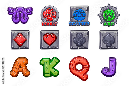 Cartoon MAYA Slots stone icons. Ancient Mexican mythology Vector symbols. American aztec, mayan culture native totem. Game casino, slot, UI.