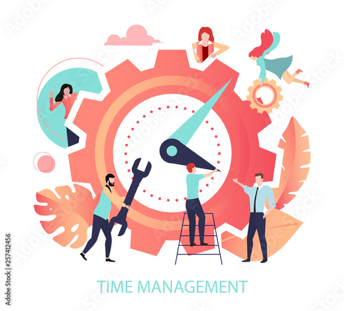 Time management. People plan schedule and manage their time. Coral illustration with clock, flat style.