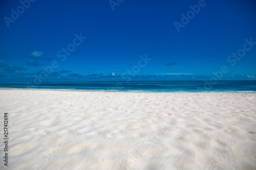 Sea sand sky and summer day. Empty beach scene with horizon and blue sky. Idyll landscape