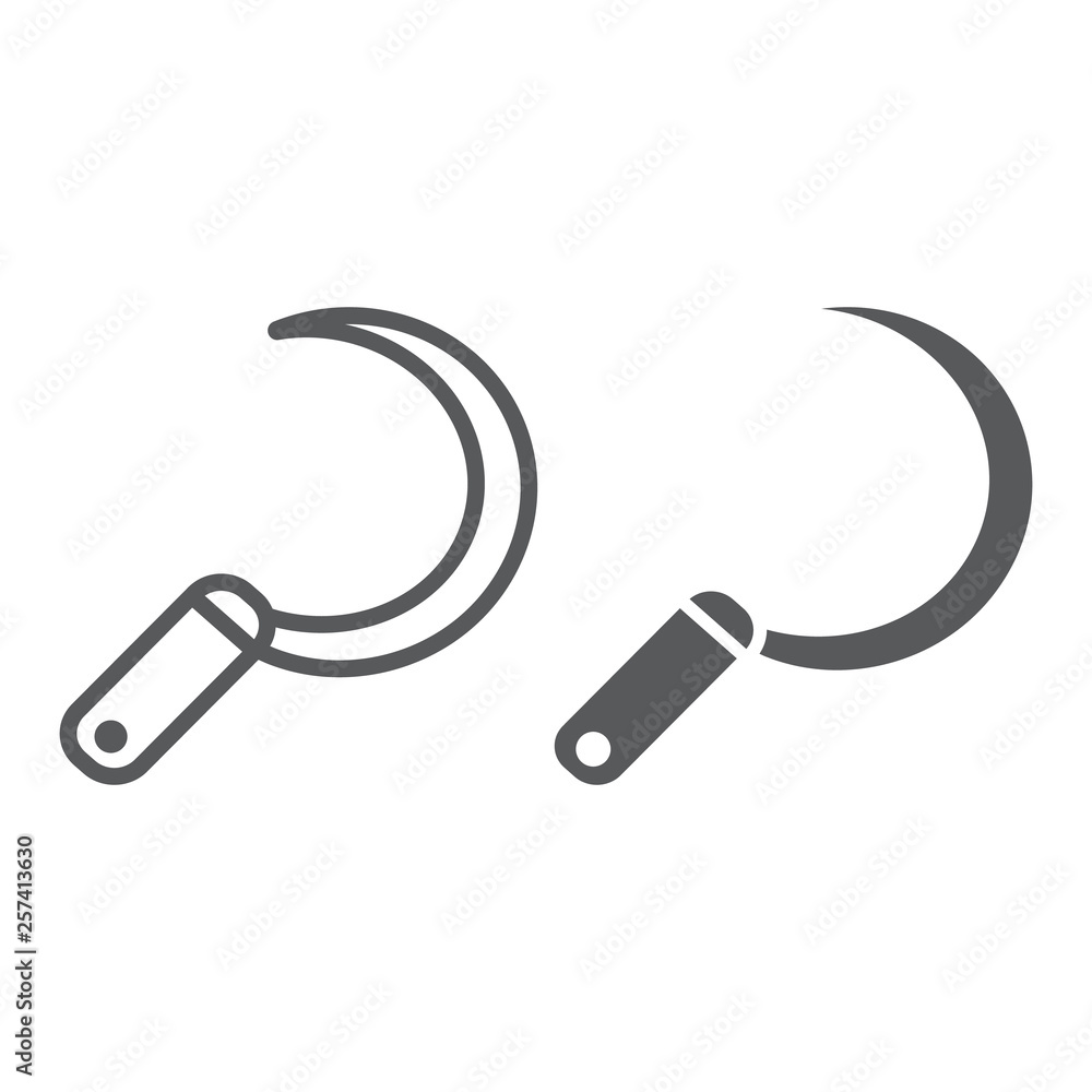 Sickle line and glyph icon, tool and agriculture, blade sign, vector graphics, a linear pattern on a white background. Sickle line and glyph icon, tool and agriculture, blade sign, vector graphics, a linear pattern on a white background.