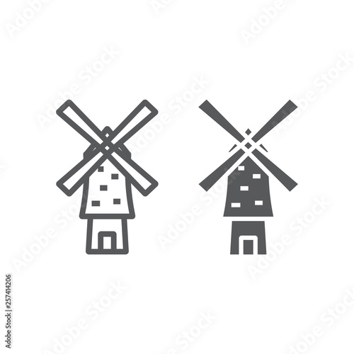 Windmill line and glyph icon, energy and wind, mill sign, vector graphics, a linear pattern on a white background.