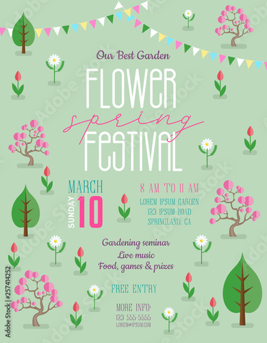 Flower spring festival poster template with blossoming trees, flowers and colorful flags.