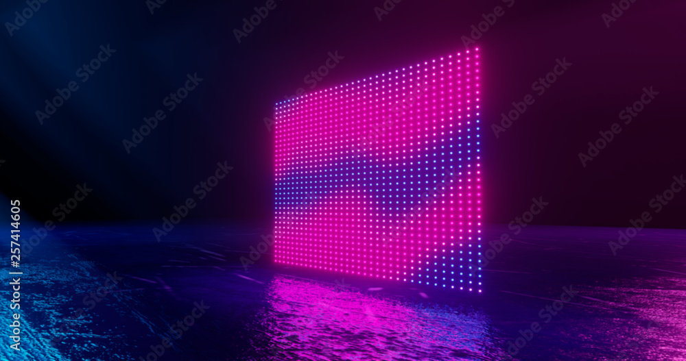 3d rendering, abstract , screen pixels, glowing dots, neon lights, virtual reality, ultraviolet spectrum, pink blue vibrant colors, catwalk fashion podium, laser show, stage, isolated on black