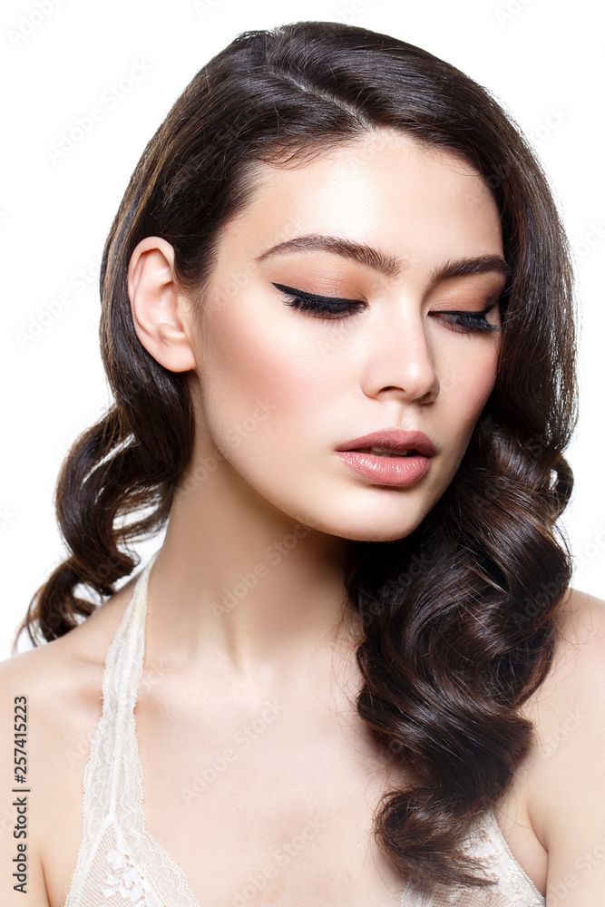 beautiful brunette girl with natural makeup isolated on white beautiful brunette girl with natural makeup isolated on white
