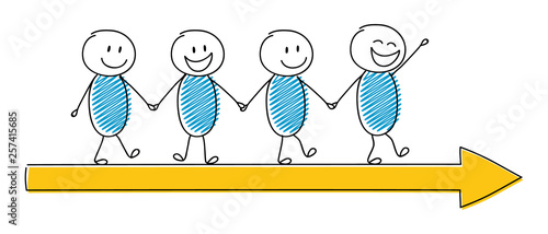 Group of funny cartoon stickman walking on arrow. Vector