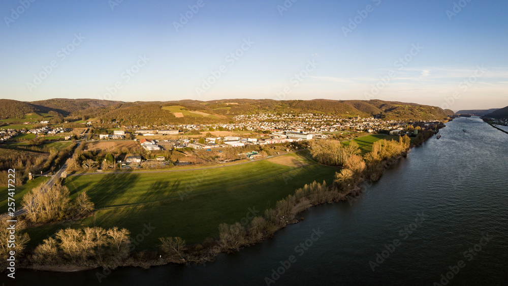 Obraz premium The city of Rheinbrohl from above / Rhineland Palatinate, Germany