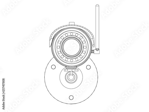 Contour of the surveillance camera. CCTV icon from black lines on white background. Front view. Vector illustration