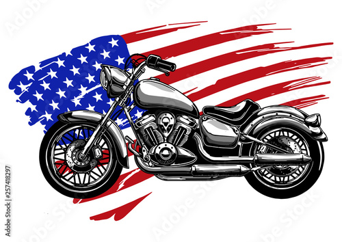 Hand drawn and inked vintage American chopper motorcycle