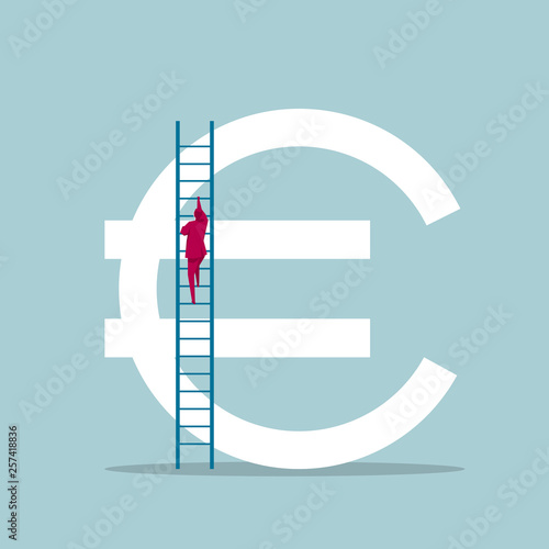 Businessman climbs the euro symbol from the ladder. Isolated on blue background.
