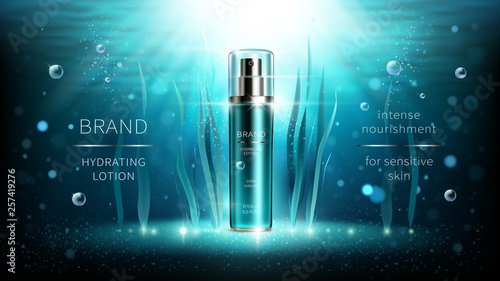 Natural algae vector cosmetic realistic ads poster. Spray bottle with lotion and seaweed on blue underwater background with air bubbles and rays. Mock up for magazine or catalog with organic cosmetics