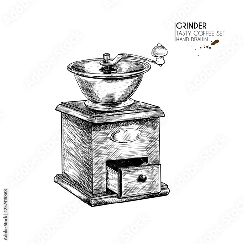 Coffee set. Hand drawn coffee vintage grinder or mill. Vector engraved icon. Morning fresh drink. For restaurant and cafe menu, coffee shop flyer, banner design template.