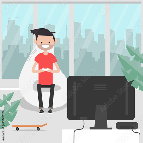 Young character playing video games on TV. Leisure. Modern interior. Flat cartoon design.Clip art