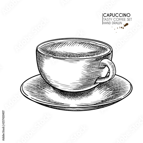 Coffee set. Hand drawn coffee cup. Mug of cappuccino or late with milk foam. Vector engraved icon. Morning fresh drink. For restaurant and cafe menu, coffee shop flyer, banner design template.
