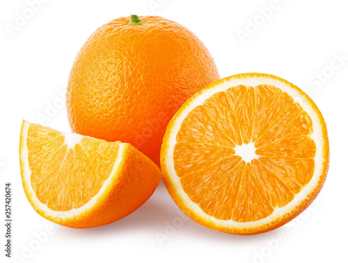 one orange and cut and quarter isolated on white background with clipping path and shadow