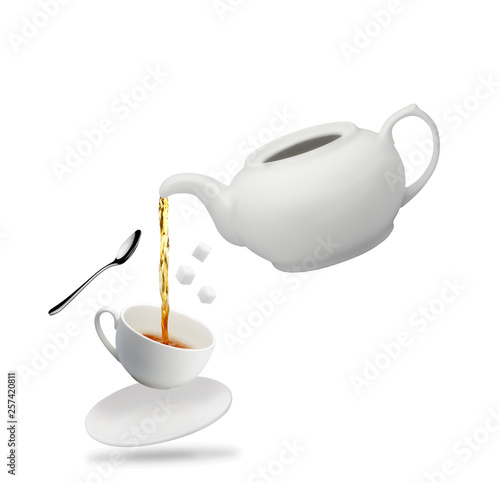 teapot mug white tea spoon sugar fall isolated on white