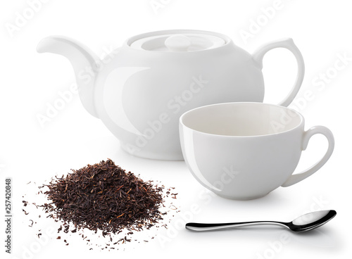 teapot empty mug white tea spoon isolated on white background