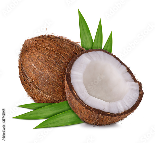 half coconut and leaves isolated on white background with clipping path and shadow