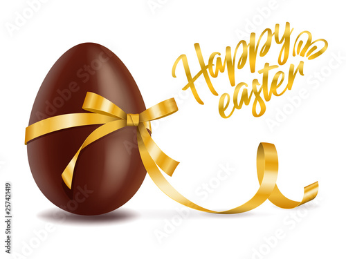 Happy easter card, chocolate egg with yellow ribbon decor, postcard with traditional dessert, tasty gift, vector