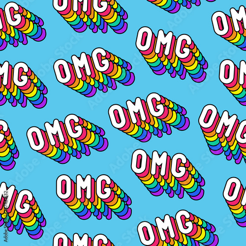 Seamless pattern with words “OMG” ("Oh my god!") on bright blue background. Text patches vector wallpaper. Quirky cartoon comic style of 80-90s.