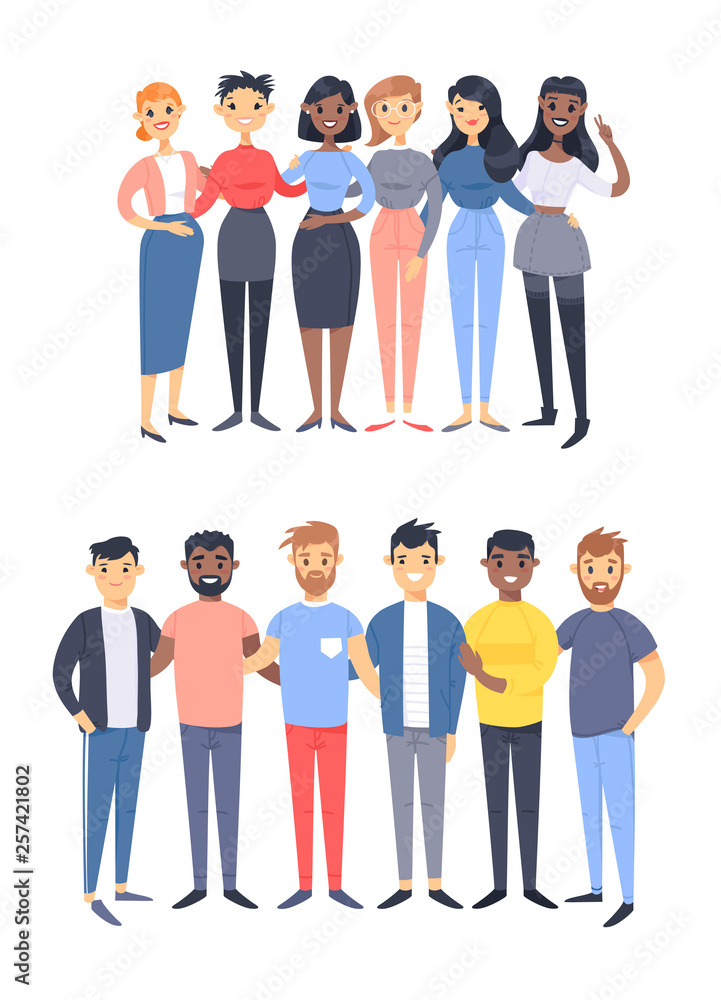 Set of a group of different men and women. Cartoon style characters of different races, gender. Vector illustration caucasian, asian and african american people Set of a group of different men and women. Cartoon style characters of different races, gender. Vector illustration caucasian, asian and african american people